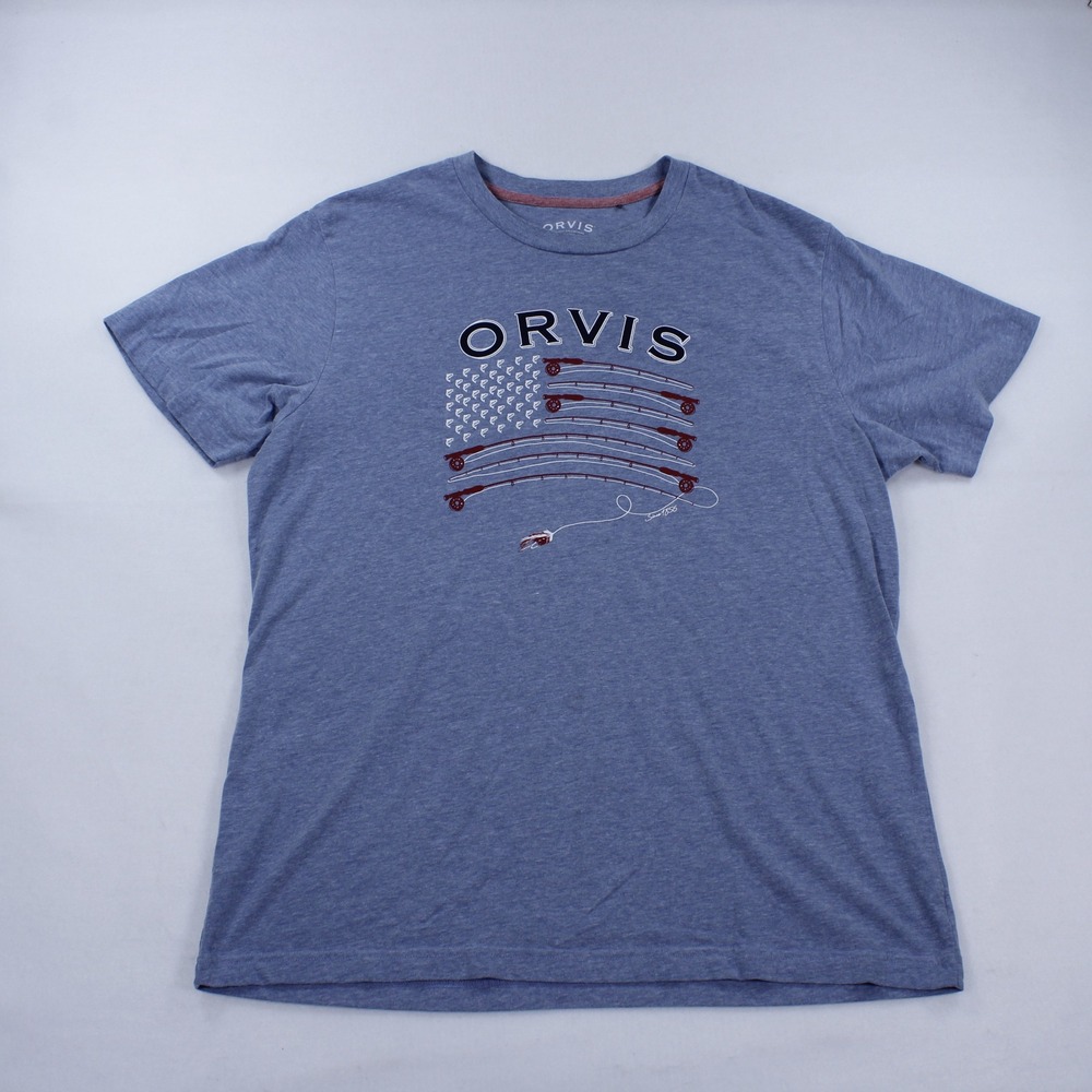 Orvis Men's Blue T-Shirt Size XL American Flag Fishing Rod Graphic Crew Neck Tee